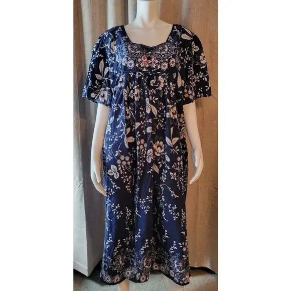 Only Necessities Women's 4X Bib Front Blue Floral Lounge Dress Nightgown Pockets - Picture 1 of 7